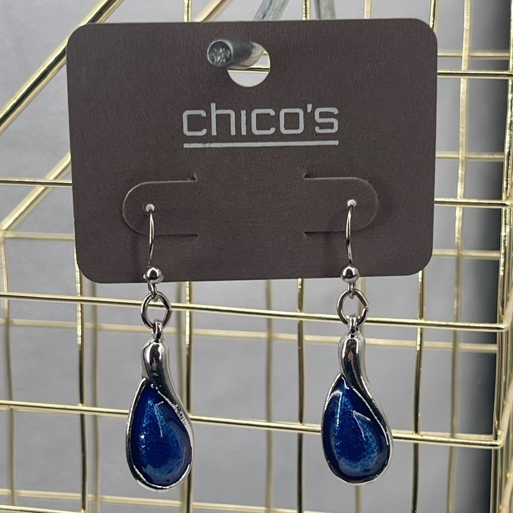 Chico's NWT Theresa silver tone blue textured drop earrings